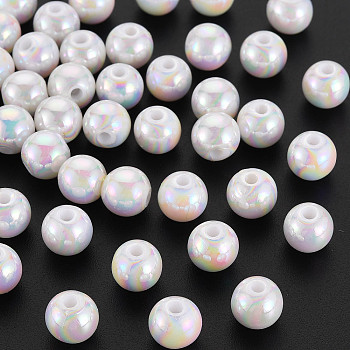 Opaque Acrylic Beads, AB Color Plated, Round, White, 8x7mm, Hole: 2mm