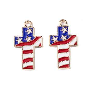 American Flag Style Alloy Enamel Pendants, Light Gold, Cross with Star Charm, Colorful, 23x12.5x1.5mm, Hole: 2mm