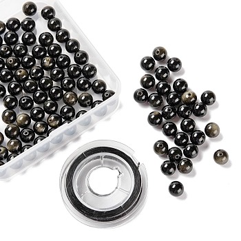 100Pcs 8mm Natural Golden Sheen Obsidian Round Beads, with 10m Elastic Crystal Thread, for DIY Stretch Bracelets Making Kits, 8mm, Hole: 1mm