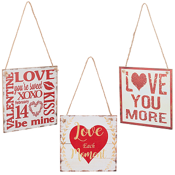 Valentine's Day Theme, Density Board Hanging Wall Decorations for Front Door Home Decoration, with Clasp and Jute Twine, Square with Word, Mixed Patterns, 15x15x0.5mm, Hole: 4.5mm, 3 patterns, 1set/pattern, 3sets/bag