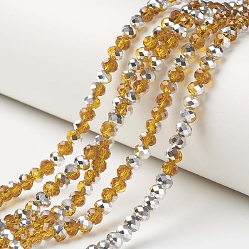 Electroplate Transparent Glass Beads Strands, Half Silver Plated, Faceted, Rondelle, Orange, 3x2mm, Hole: 0.8mm, about 150~155pcs/strand, 15~16 inch(38~40cm)