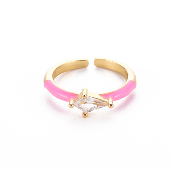 Brass Enamel Cuff Rings, Open Rings, Solitaire Rings, with Clear Cubic Zirconia, Nickel Free, Rhombus, Golden, Pearl Pink, US Size 7(17.3mm)