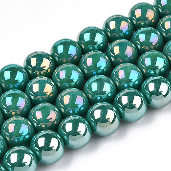 Electroplate Opaque Glass Beads Strands, AB Color Plated, Round, Dark Cyan, 9.5~10mm, Hole: 1.5mm, about 40~42pcs/strand, 14.76~15.12 inch(37.5~38.4cm)