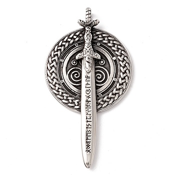 304 Stainless Steel Pendants, Flat Round with Sword, Antique Silver, 75x40.5x5mm, Hole: 5.5mm