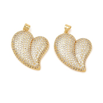Brass Micro Pave Clear Cubic Zirconia Pendants, Heart Charms, Rack Plating, Long-Lasting Plated, Lead Free & Cadmium Free, Real 18K Gold Plated, 30x25.5x5.5mm, Hole: 3.7x4.8mm