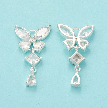 Clear Glass Pendnants, with Brass Findings, Butterfly Charms, Silver, 31x17.5x4mm, Hole: 4.5x3mm