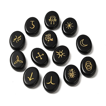 13Pcs Natural Obsidian Rune Stone, Healing Stone for Reiki Balancing, Oval, Divination Supplies, 20.5x15x6mm