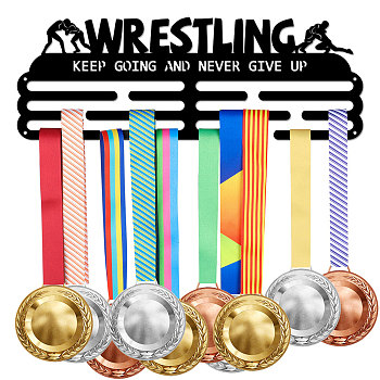 Fashion Iron Medal Hanger Holder Display Wall Rack, with Screws, Word Wrestling Keep Going And Never Give Up, Sports Themed Pattern, 150x400mm