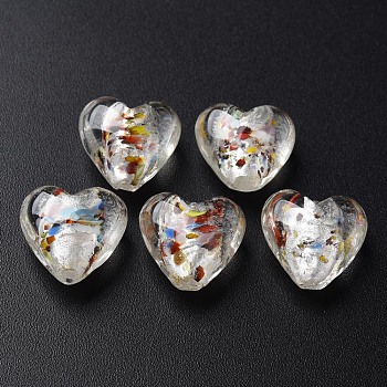 Handmade Lampwork Silver Foil Glass Beads, Heart, Clear, 15~16x15.5x9~10mm, Hole: 1.2mm