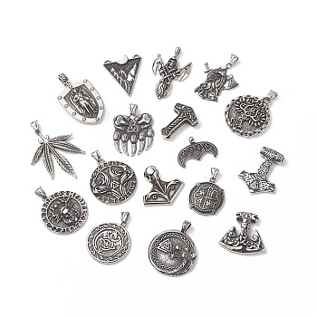 Tribe Style 304 Stainless Steel Pendants, Mixed Shapes Charms, Antique Silver, 23.5~57x24~39x3~9.5mm, Hole: 3.5~7mm