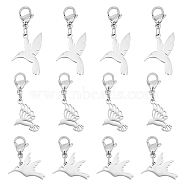 12Pcs 3 Style 201 Stainless Steel Bird Pendant Decorations, Lobster Clasp Charms, for Keychain, Purse, Backpack Ornament, Stainless Steel Color, 28~35mm, 4pcs/style(HJEW-UN0001-08)