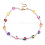 Polymer Clay Fruit Beaded Necklaces, with ABS Plastic Imitation Pearl Beads and Alloy Lobster Claw Clasps, Golden, Colorful, 15.55 inch(39.5cm)(NJEW-JN03359)