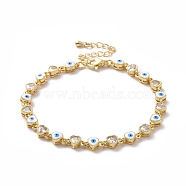 Enamel Evil Eye & Cubic Zirconia Heart Link Chain Bracelet, Golden Brass Jewelry for Women, White, 7-1/8 inch(18.2cm)(BJEW-H555-01B)