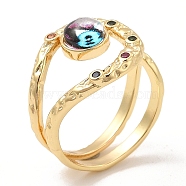 Resin Evil Eye Open Cuff Ring with Cubic Zirconia, Real 18K Gold Plated Brass Wire Wrap Jewelry for Women, Purple, Inner Diameter: 18mm(RJEW-E069-02G-02)