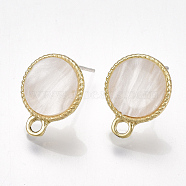 Alloy Stud Earring Findings, with Raw(Unplated) Pins, Resin and Loop, Flat Round, Light Gold, White, 15x11.5mm, Hole: 2mm, Pin: 0.7mm(X-PALLOY-S177-43F)