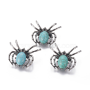 Synthetic Turquoise Brooch, with Brass Findings and Glass, Spider, Antique Silver, 34~35x41~42x7mm, Hole: 3x5mm(G-A176-C11)
