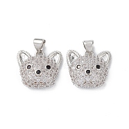 Brass Micro Pave Cubic Zirconia Pendants, Real Platinum Plated, Dog Charms, Clear, 16x17x6.5mm, Hole: 5x3mm(KK-M240-10G)