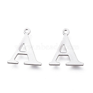 304 Stainless Steel Charms, Laser Cut, Alphabet, Stainless Steel Color, Letter.A, 12.5x10.5x0.8mm, Hole: 1mm(STAS-H112-A-P)