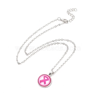 Glass Flat Round Pendant Necklace with Brass Chain, Breast Cancer Awareness Ribbon Jewelry for Women, Ribbon Pattern, 18.70 inch(47.5cm)(NJEW-A003-01A)