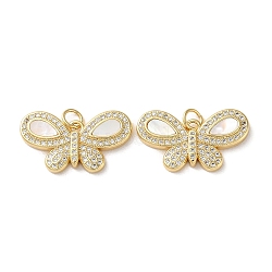 Brass Micro Pave Clear Cubic Zirconia Pendants, with Shell and Jump Ring, Real 18K Gold Plated, Butterfly, 13.5x24x3mm, Hole: 3mm(KK-B083-37A-G)