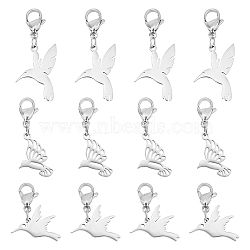 12Pcs 3 Style 201 Stainless Steel Bird Pendant Decorations, Lobster Clasp Charms, for Keychain, Purse, Backpack Ornament, Stainless Steel Color, 28~35mm, 4pcs/style(HJEW-UN0001-08)