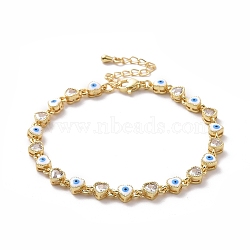 Enamel Evil Eye & Cubic Zirconia Heart Link Chain Bracelet, Golden Brass Jewelry for Women, White, 7-1/8 inch(18.2cm)(BJEW-H555-01B)