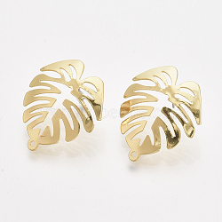 Tropical Theme Iron Stud Earring Findings, with Steel Pins and Hole, Monstera Leaf, Light Gold, 28x24mm, Hole: 1.4mm, Pin: 1.4mm(IFIN-S703-25)