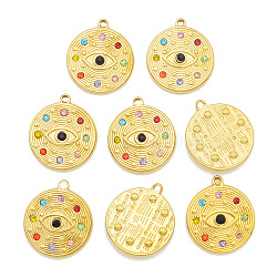 201 Stainless Steel Pendants, with Colorful Rhinestone, Flat Round with Eye, Golden, 23x20.5x3mm, Hole: 1.6mm(STAS-S105-LA419)