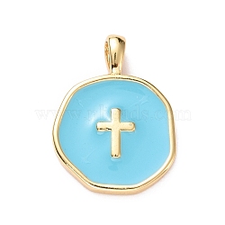 Brass Enamel Pendants, Light Gold, Flat Round with Cross, Sky Blue, 18x13.5x3.5mm, Hole: 2x3.5mm(KK-G417-01LG-09)