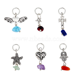 6 Sets 6 Styles Chakra Natural & Synthetic Mixed Stone Chips Alloy Pendants, Gemstone Charm, Heart & Star & Starfish, Mixed Shapes, Antique Silver, 20~27.5mm, Hole: 5.6~5.8mm, 7pcs/set, 1 set/style(FIND-FH0006-29)