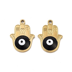 Ion Plating(IP) 316 Stainless Steel Enamel Pendants, Hamsa Hand with Evil Eye Charm, Real 18K Gold Plated, Black, 17.5x13x3mm, Hole: 1.4mm(STAS-U014-72G-03)