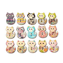2-Hole Printed Wooden Buttons, for Sewing Crafting, Cat, Mixed Color, 29.5x21.5x2.5mm, Hole: 1.5mm(X-WOOD-WH0104-01A)
