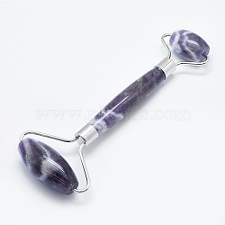 Natural Amethyst Brass Face Massager, Facial Rollers, Platinum, 146~150x54~58x19~22mm(MRMJ-G008-08P)