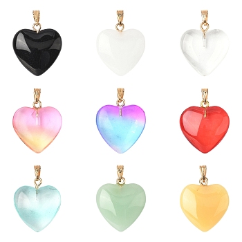 18Pcs 9 Colors Spray Painted Glass Pendants, with Golden Plated Iron Bails, Heart, Mixed Color, 22x20.5x7mm, Hole: 6x2mm, 2pcs/color