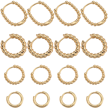 8 Pairs 4 Styles Brass Beaded Huggie Hoop Earrings for Women, Ring & Oval, Real 14K Gold Plated, 13.5~15x13~21.5x2~4mm, Pin: 0.7~1mm, 2 Pairs/style