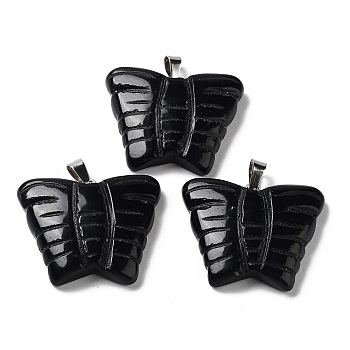 Natural Obsidian Carved Pendants, Butterfly Charms with Platinum Plated Brass Snap on Bails, 30x35.5x7mm, Hole: 7x4.5mm