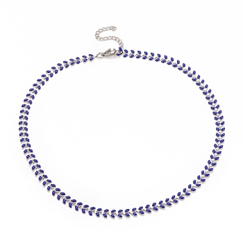 Enamel Wheat Link Chain Necklace, 304 Stainless Steel Jewelry for Women, Stainless Steel Color, Medium Blue, 16.5 inch(41.8cm)