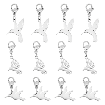 12Pcs 3 Style 201 Stainless Steel Bird Pendant Decorations, Lobster Clasp Charms, for Keychain, Purse, Backpack Ornament, Stainless Steel Color, 28~35mm, 4pcs/style