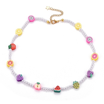 Polymer Clay Fruit Beaded Necklaces, with ABS Plastic Imitation Pearl Beads and Alloy Lobster Claw Clasps, Golden, Colorful, 15.55 inch(39.5cm)