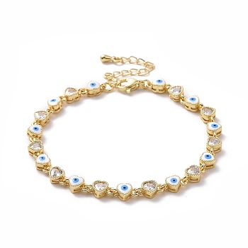 Enamel Evil Eye & Cubic Zirconia Heart Link Chain Bracelet, Golden Brass Jewelry for Women, White, 7-1/8 inch(18.2cm)