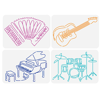 4Pcs 4 Styles PET Hollow Out Drawing Painting Stencils, for DIY Scrapbook, Photo Album, Musical Instruments, 297x210mm, 1pc/style
