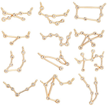 Elite 12Pcs 12 Styles Brass Connector Charms, with Crystal Rhinestone, Real 18K Gold Plated, Cadmium Free & Nickel Free & Lead Free, 12 Constellations, 7.5~17.5x8.5~19.5x2~3mm, Hole: 1.2mm, 1pc/style