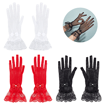 3 Pairs 3 Color Flower Pattern Lace Gloves, Mesh Gloves, with Glass Findings, for Wedding Bride Supplies, Mixed Color, 260x72x5mm, 1 pair/color