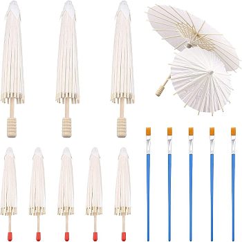 CHGCRAFT 14Pcs 3 Styles DIY Blank Craft Paper Umbrella, with Wood Handle, with Plastic Paint Brushes Pens, Mixed Color, 154~220x19~29mm