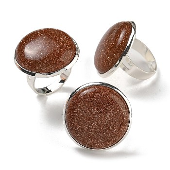 Synthetic Goldstone Round Adjustable Rings, Lead Free & Cadmium Free, Silver Plated Brass Finger Rings for Women Men, Round: 28mm, Inner Diameter: 18mm