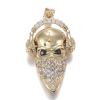 Brass Micro Clear Cubic Zirconia Pendants, Long-Lasting Plated, Mask, Clear, Real 18K Gold Plated, 22x13x7.5mm, Hole: 2.5x4mm