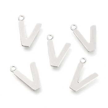 201 Stainless Steel Charms, Alphabet, Letter.V, 12x8.8x0.6mm, Hole: 1.4mm