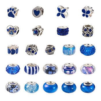 Cheriswelry 98Pcs Crackle Resin European Beads, Large Hole Beads, with Silver Color Plated Brass Cores, Mixed Shapes, Blue, 98Pcs