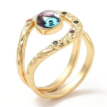 Resin Evil Eye Open Cuff Ring with Cubic Zirconia, Real 18K Gold Plated Brass Wire Wrap Jewelry for Women, Purple, Inner Diameter: 18mm