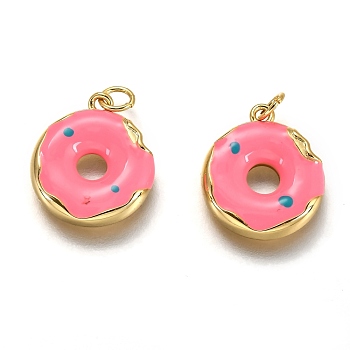 Brass Enamel Pendants, Long-Lasting Plated, Real 18K Gold Plated, with Jump Ring, Imitation Food, Donut Shape, Pink, 15x13x2.7mm, Hole: 2.6mm